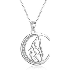 YFN Wolf Pendant Necklace 925 Sterling Silver Cubic Zirconial Wolf Moon Necklace 18″ Birthday Day Jewelry for Girlfriend Wife(Crescent Moon Wolf Necklace)