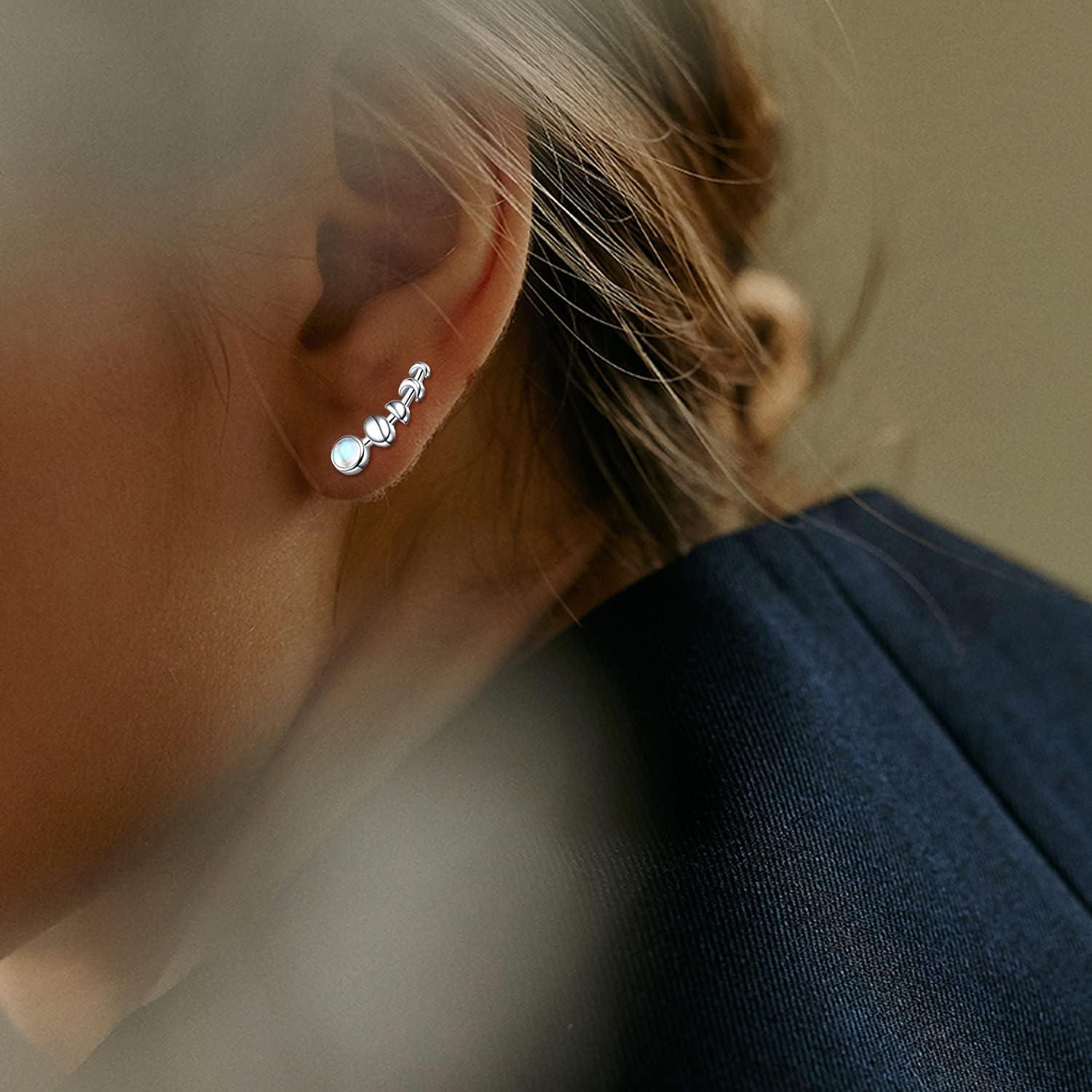 image:image925 Sterling Silver Moon Phase Ear Crawler Cuff Earrings Ear Climber Hypoallergenic Moonstone EarringsAB Color Moonstone