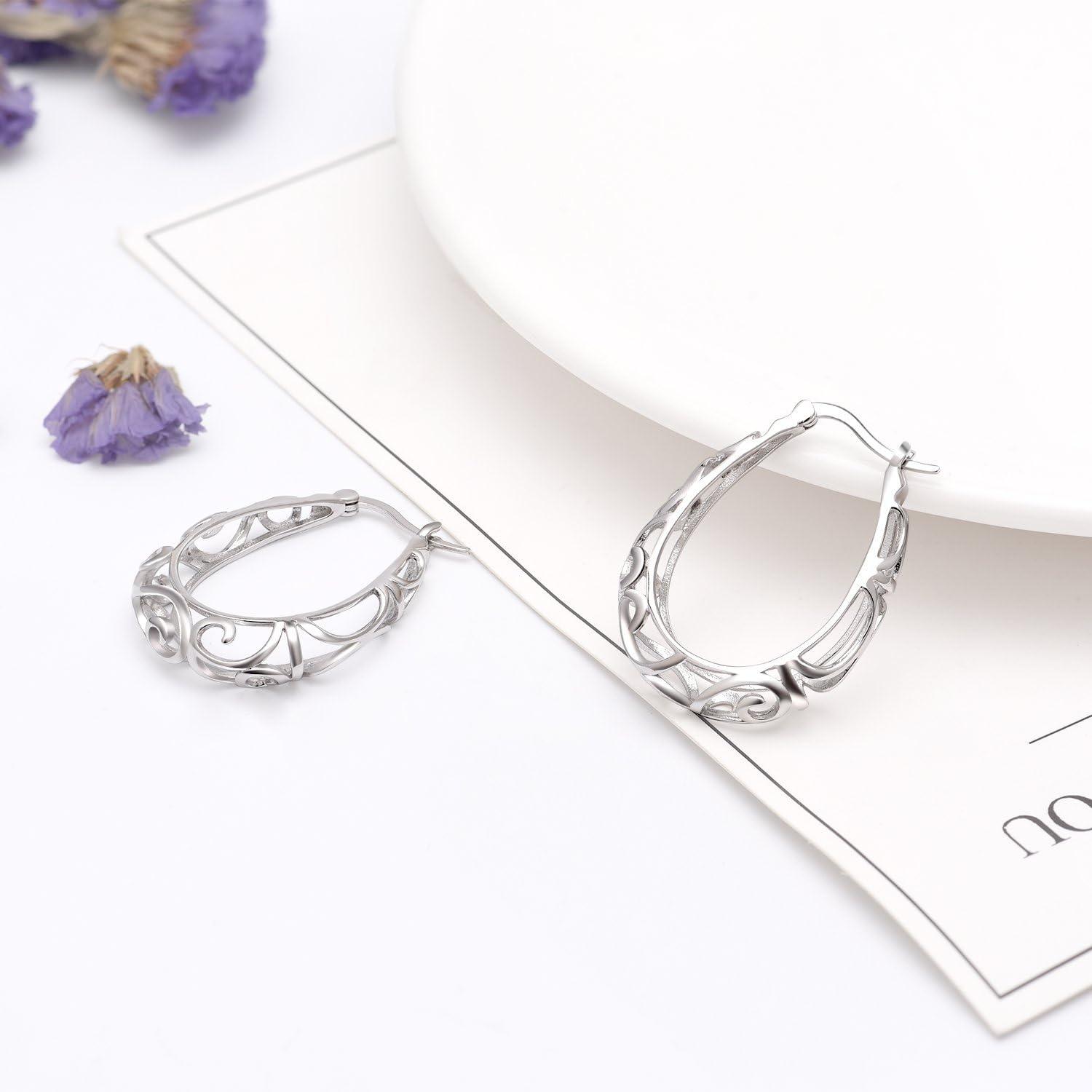 image:imageYFN 925 Sterling Silver Hoop Earrings for Women Lightweight Twisted Hoop Earrings with ClickTop ClosureHypoallergenic Hoops Earrings for WomenFiligree Hoop Earrings