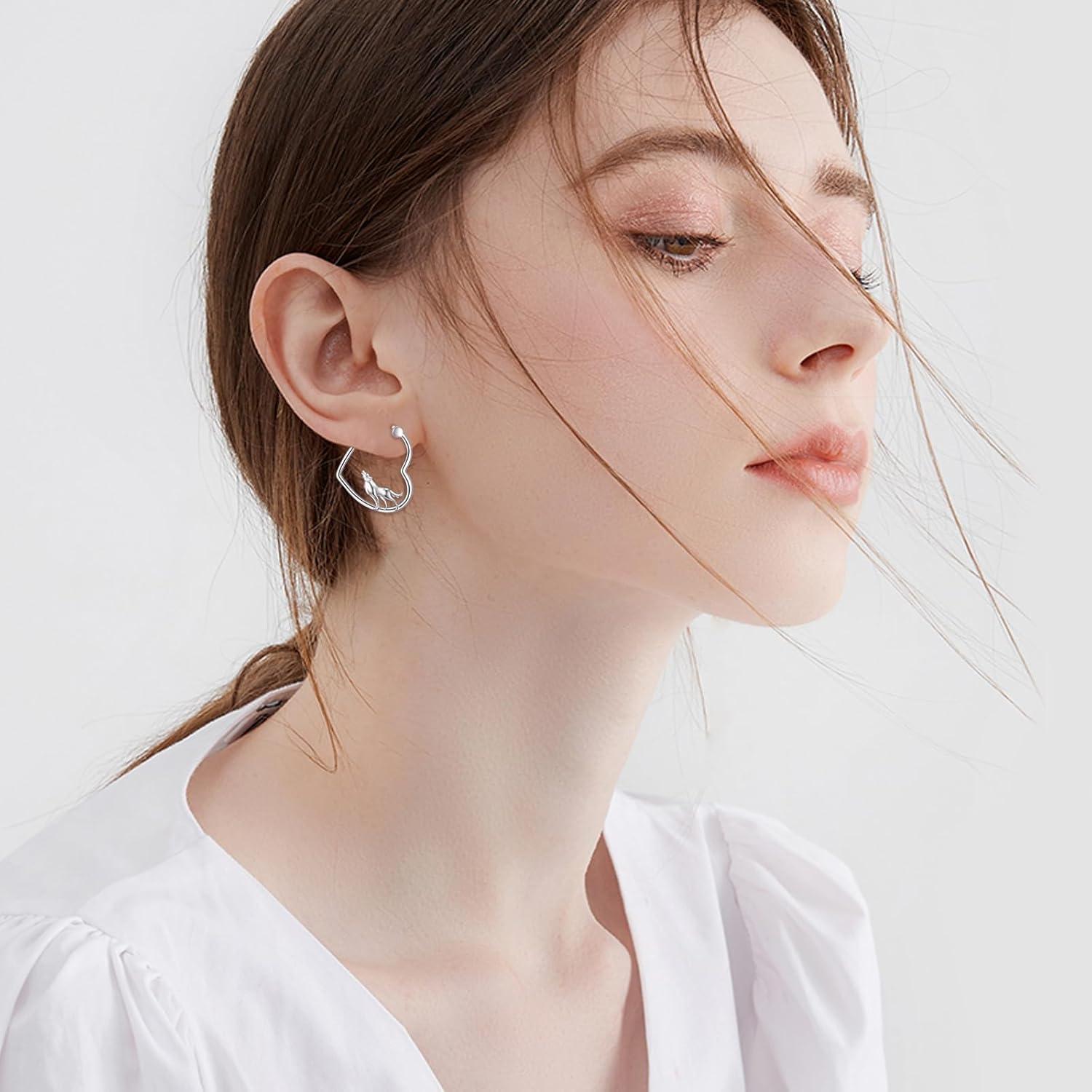 image:imageYFN Animal Earrings Sterling Silver Animal Heart Hoop Dangle Earrings Cute Jewelry Gifts for WomenWolf
