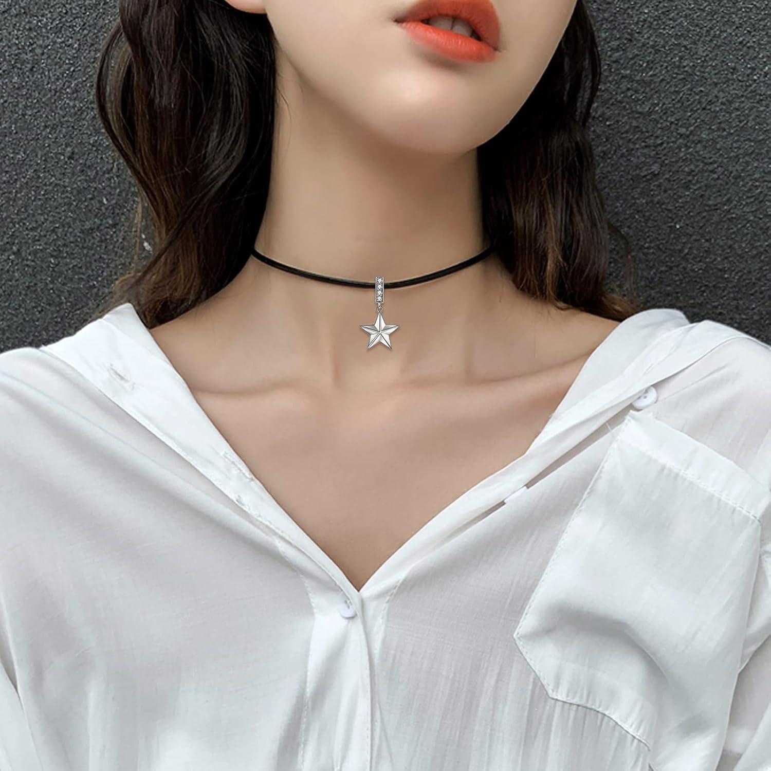 image:imageYFN Sterling Silver Star Choker Necklace Faux Leather Cord Chain Pentagram Pentacle Necklaces Gift For Women142 Star Choker