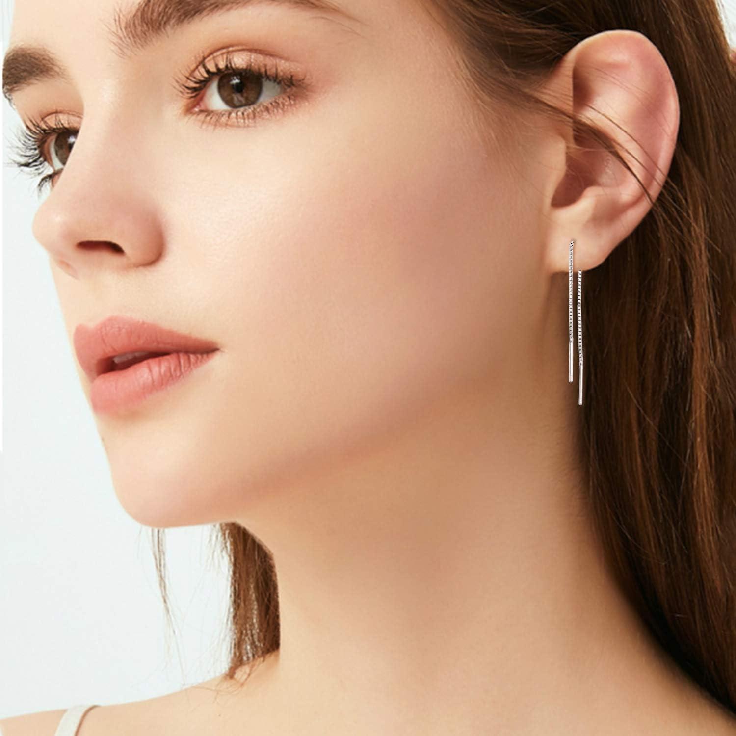 image:imageYFN Threader Earrings Sterling Silver Chain Earrings for Women Dangle Earrings Thread Dangling Threaded Long Chain Earring Nickel Free Hypoallergenic Ear for WomenWhite