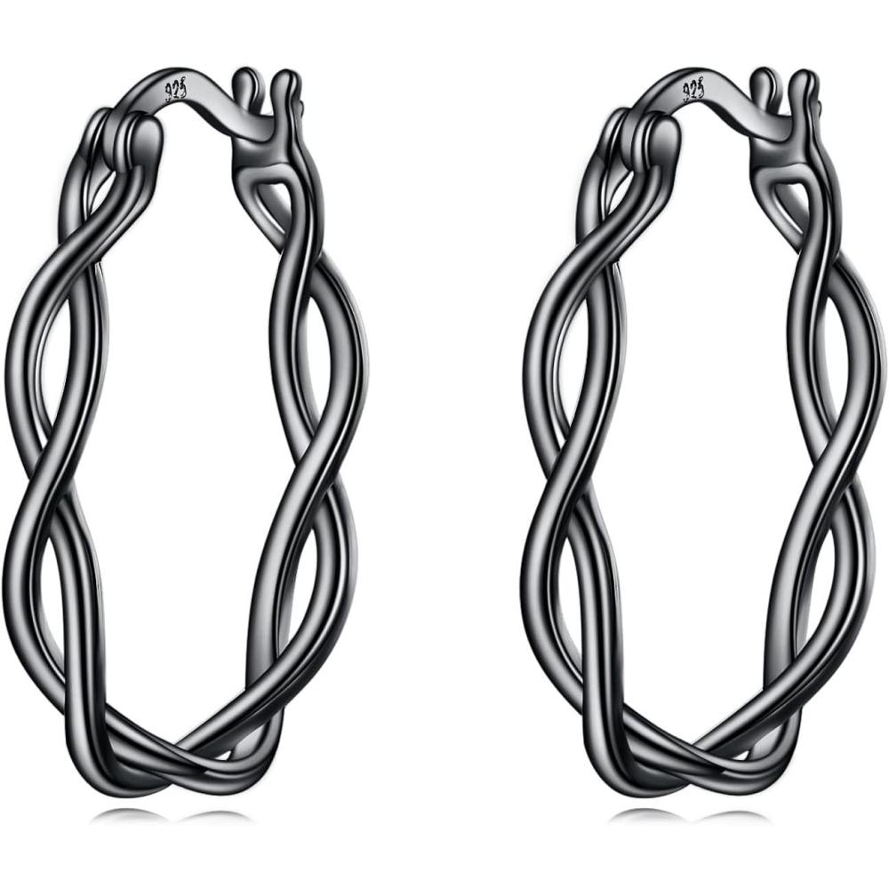 image:imageYFN 925 Sterling Silver Hoop Earrings for Women Lightweight Twisted Hoop Earrings with ClickTop ClosureHypoallergenic Hoops Earrings for WomenBlack Hoop Earrings