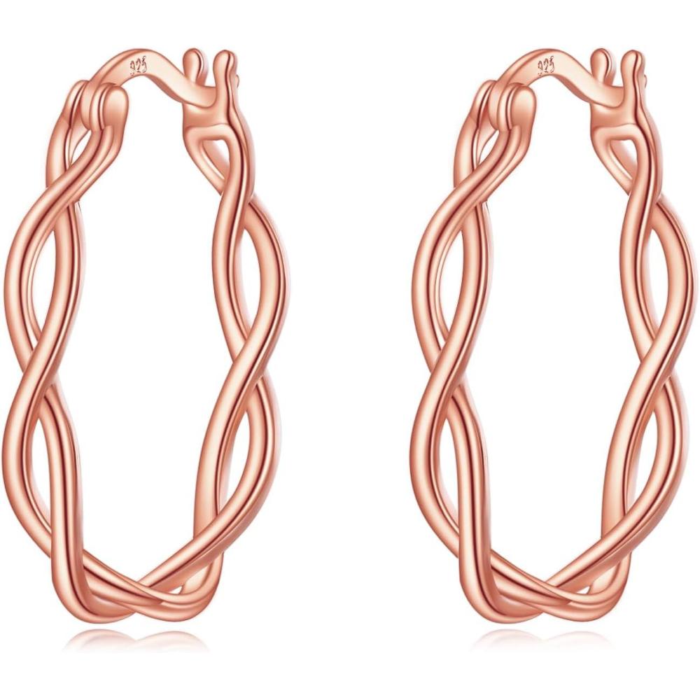image:imageYFN 925 Sterling Silver Hoop Earrings for Women Lightweight Twisted Hoop Earrings with ClickTop ClosureHypoallergenic Hoops Earrings for WomenRose Gold hoop Earrings