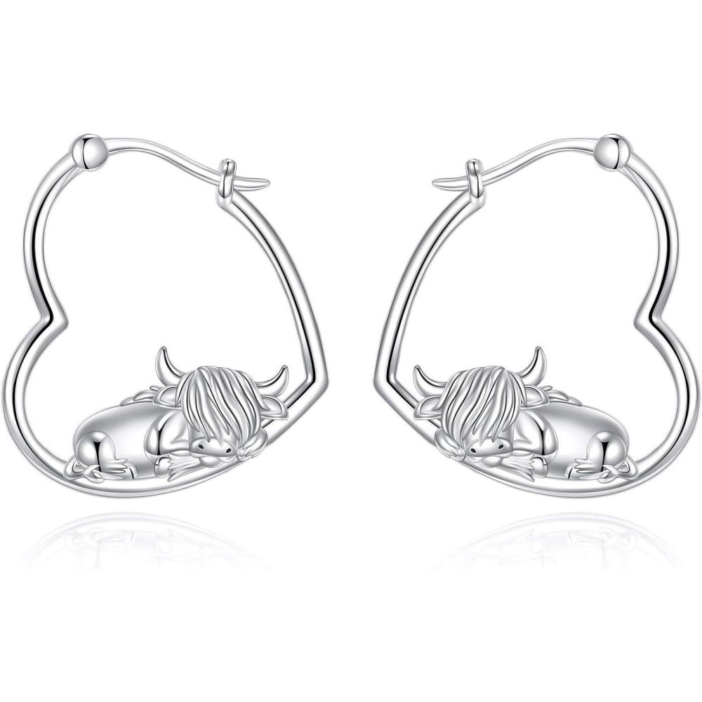 image:imageYFN Animal Earrings Sterling Silver Animal Heart Hoop Dangle Earrings Cute Jewelry Gifts for WomenHighland Cow