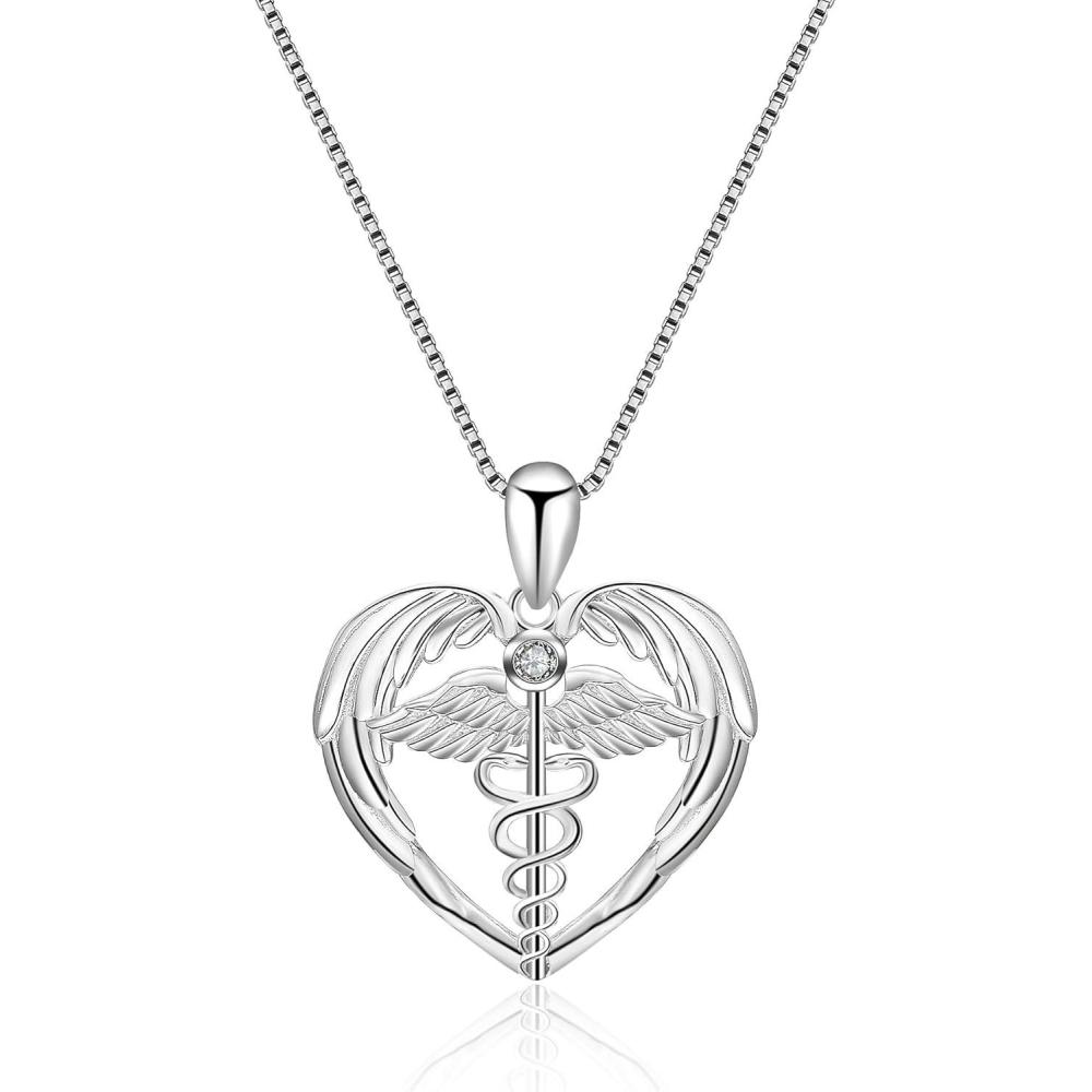 image:imageYFN Sterling Silver Caduceus Angel Nursing Themed Pendant Necklace 18 Nurse Necklace Nurse NecklaceSilver