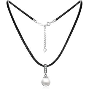 Sterling Silver Pearl Choker Necklace With Faux Leather Cord Chain – Jewelry Gift for Women, 14+2″