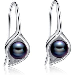 Sterling Silver Pearl Earrings Dangle Drop Earrings Pearl Fine Jewelry Mothers Day Gifts for Women(Calla Lily Black)