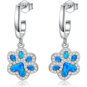 YFN 925 Sterling Silver Book/Animal/Flower Drop Dangle Earrings Earring Hypoallergenic Jewelry for Christmas Graduation Mother’s Day Birthday(C03 Paw(Blue Opal))