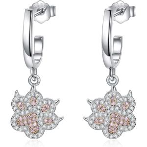 YFN 925 Sterling Silver Book/Animal/Flower Drop Dangle Earrings Earring Hypoallergenic Jewelry for Christmas Graduation Mother’s Day Birthday(C04 Paw(Pink))
