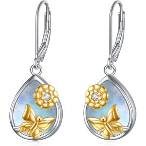 YFN 925 Sterling Silver Dangle Drop Earring Hypoallergenic Earring Jewelry Gift for Women Girls(Butterfly+Moonstone)