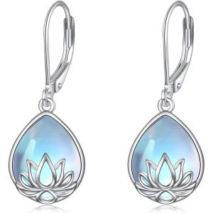 YFN 925 Sterling Silver Dangle Drop Earring Hypoallergenic Earring Jewelry Gift for Women Girls(Lotus+Moonstone)