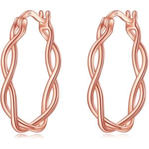 YFN 925 Sterling Silver Hoop Earrings for Women Lightweight Twisted Hoop Earrings with Click-Top Closure，Hypoallergenic Hoops Earrings for Women(Rose Gold hoop Earrings)
