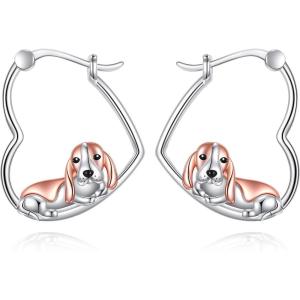 YFN Animal Earrings Sterling Silver Animal Heart Hoop Dangle Earrings Cute Jewelry Gifts for Women(Basset Hound)