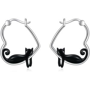 YFN Animal Earrings Sterling Silver Animal Heart Hoop Dangle Earrings Cute Jewelry Gifts for Women(Black Cat)