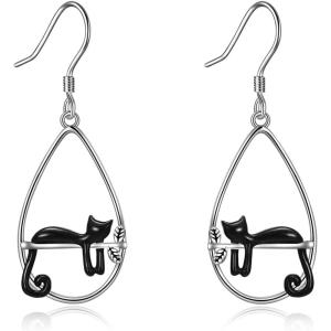 YFN Animal Earrings Sterling Silver Animal Heart Hoop Dangle Earrings Cute Jewelry Gifts for Women(Black Cat Dangle)
