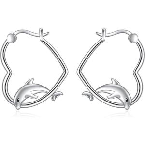 YFN Animal Earrings Sterling Silver Animal Heart Hoop Dangle Earrings Cute Jewelry Gifts for Women(Dolphin)