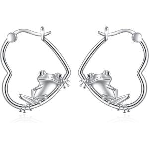 YFN Animal Earrings Sterling Silver Animal Heart Hoop Dangle Earrings Cute Jewelry Gifts for Women(Frog)