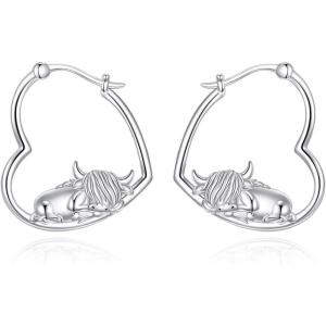 YFN Animal Earrings Sterling Silver Animal Heart Hoop Dangle Earrings Cute Jewelry Gifts for Women(Highland Cow)