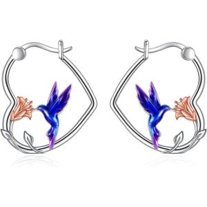 YFN Animal Earrings Sterling Silver Animal Heart Hoop Dangle Earrings Cute Jewelry Gifts for Women(Hummingbird)