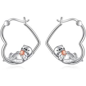 YFN Animal Earrings Sterling Silver Animal Heart Hoop Dangle Earrings Cute Jewelry Gifts for Women(Otter)