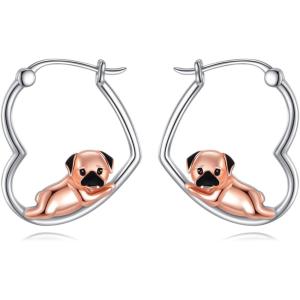 YFN Animal Earrings Sterling Silver Animal Heart Hoop Dangle Earrings Cute Jewelry Gifts for Women(Pug)