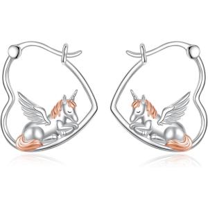 YFN Animal Earrings Sterling Silver Animal Heart Hoop Dangle Earrings Cute Jewelry Gifts for Women(Unicorn B)