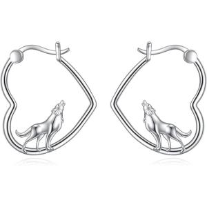 YFN Animal Earrings Sterling Silver Animal Heart Hoop Dangle Earrings Cute Jewelry Gifts for Women(Wolf)