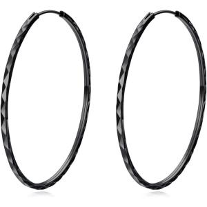 YFN Hoop Earrings Sterling Silver Polished Round Circle Endless Earrings Diameter 20,30,40,50,60,70,80mm(50MM Black Hoop Earrings)