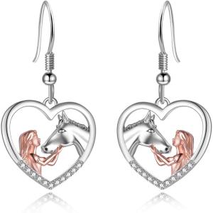YFN Horse Earrings/Dog Earrings Sterling Silver Animal Drop Dangle Earrings Horse Jewelry Gift for women(Rose Tone Women with Horse Earrings)