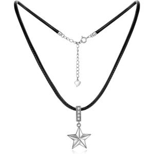 YFN Sterling Silver Star Choker Necklace Faux Leather Cord Chain Pentagram Pentacle Necklaces Gift For Women,14+2″ (Star Choker)