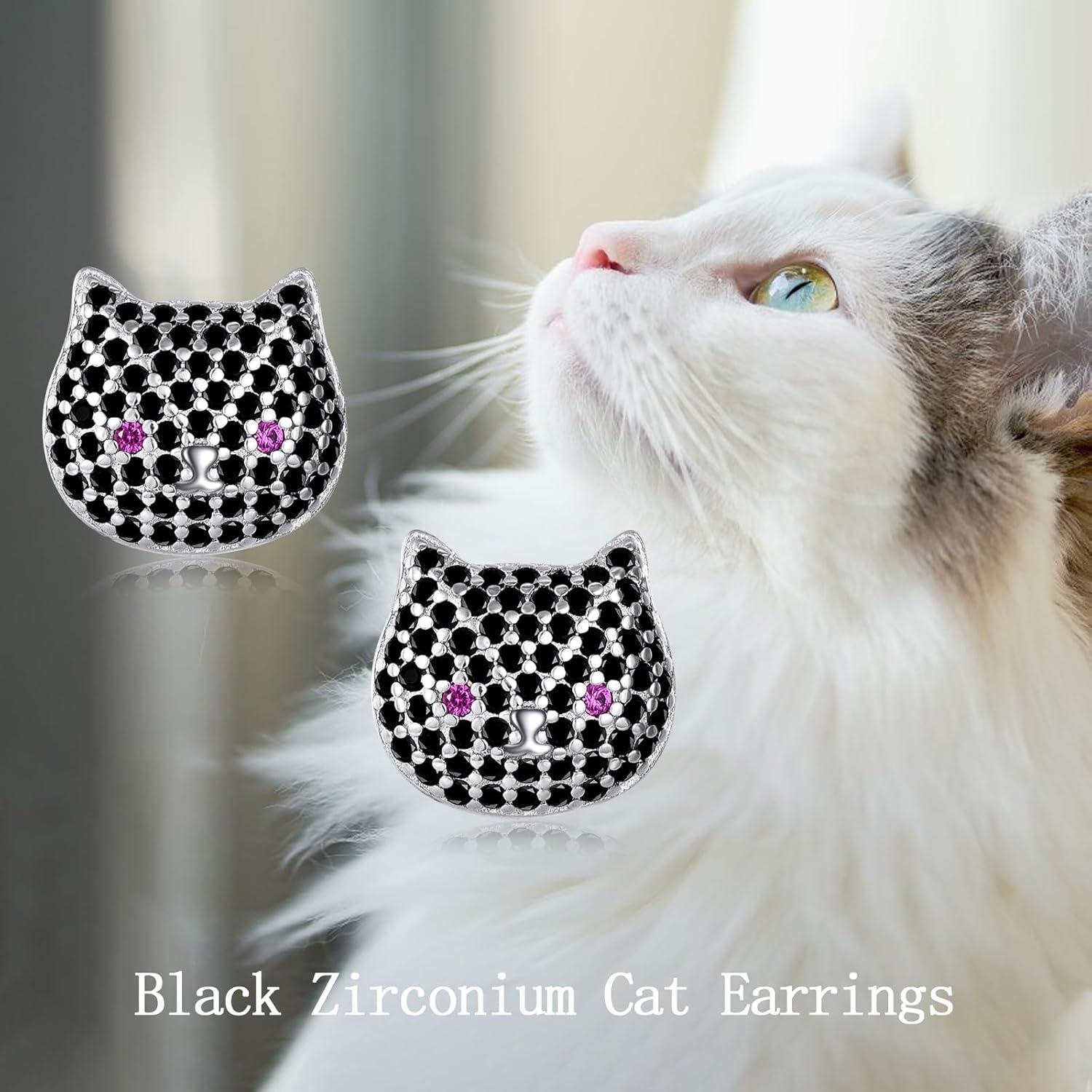 image:imageYFN Animal Moon Stud Earrings Sterling Silver Cute Animal Earrings for WomenBlack Cat Head