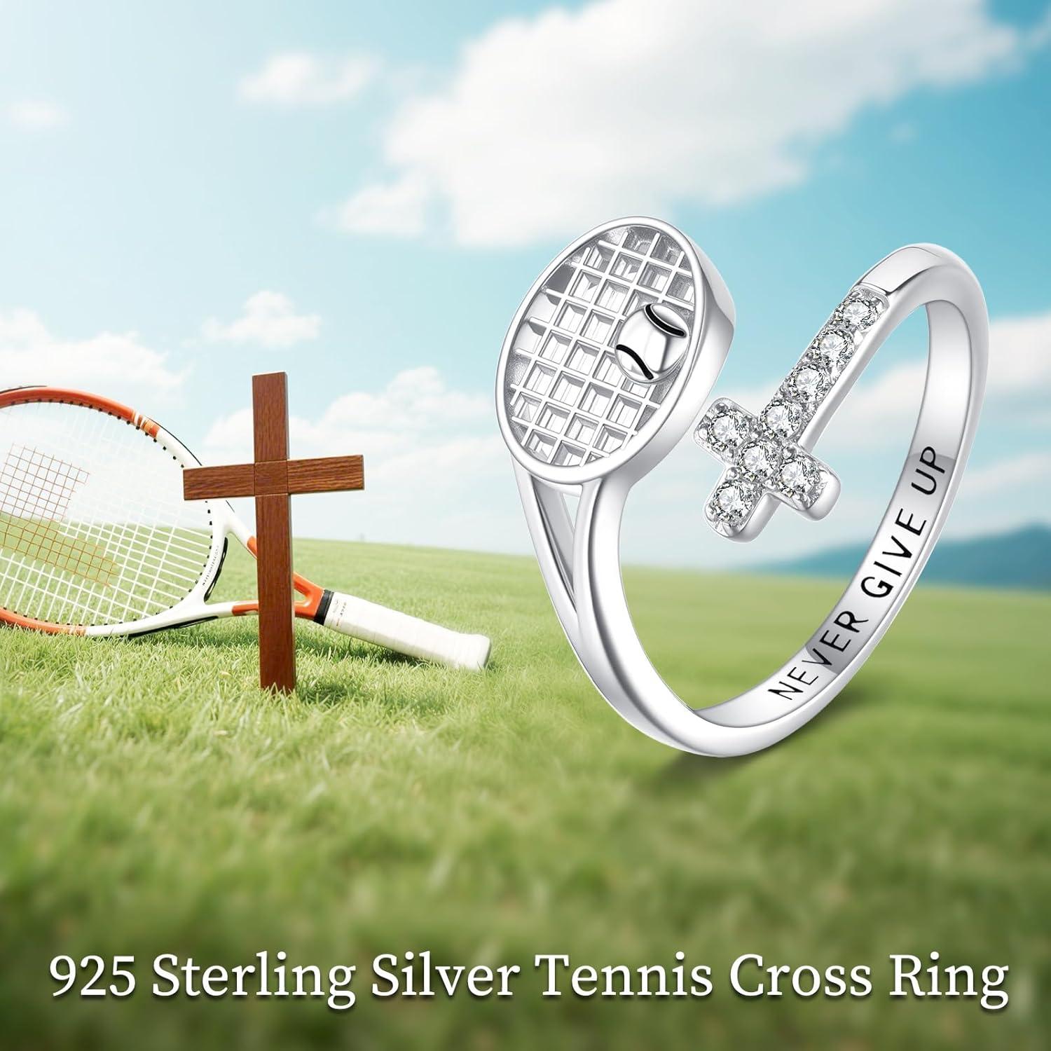 image:imageYFN Sport Ring Sterling Silver Cross Adustable Ring Never Give Up Jewelry Gifts for WomenTennis Racket