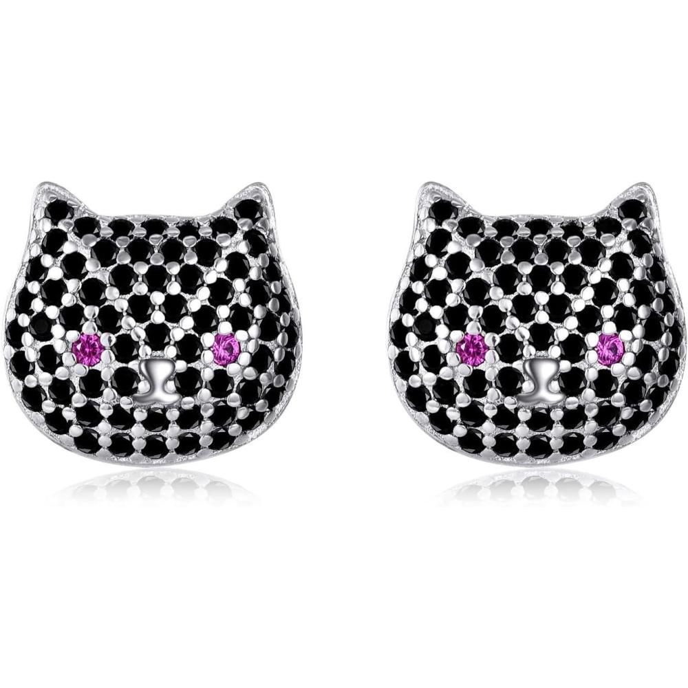 image:imageYFN Animal Moon Stud Earrings Sterling Silver Cute Animal Earrings for WomenBlack Cat Head