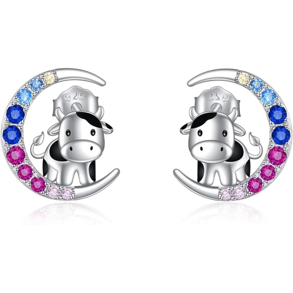 image:imageYFN Animal Moon Stud Earrings Sterling Silver Cute Animal Earrings for WomenCow