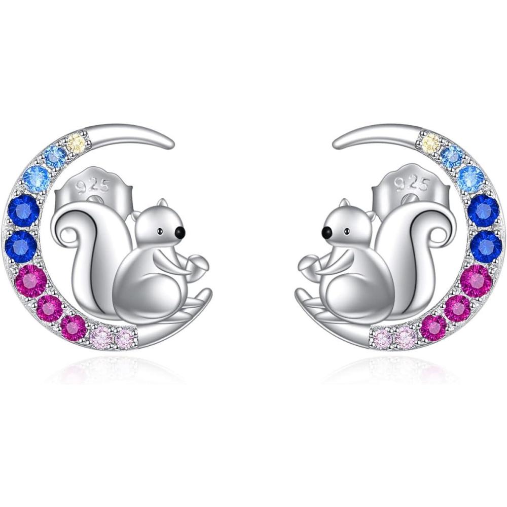image:imageYFN Animal Moon Stud Earrings Sterling Silver Cute Animal Earrings for WomenSquirrel
