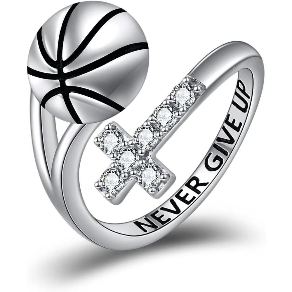 image:imageYFN Sport Ring Sterling Silver Cross Adustable Ring Never Give Up Jewelry Gifts for WomenBasketball