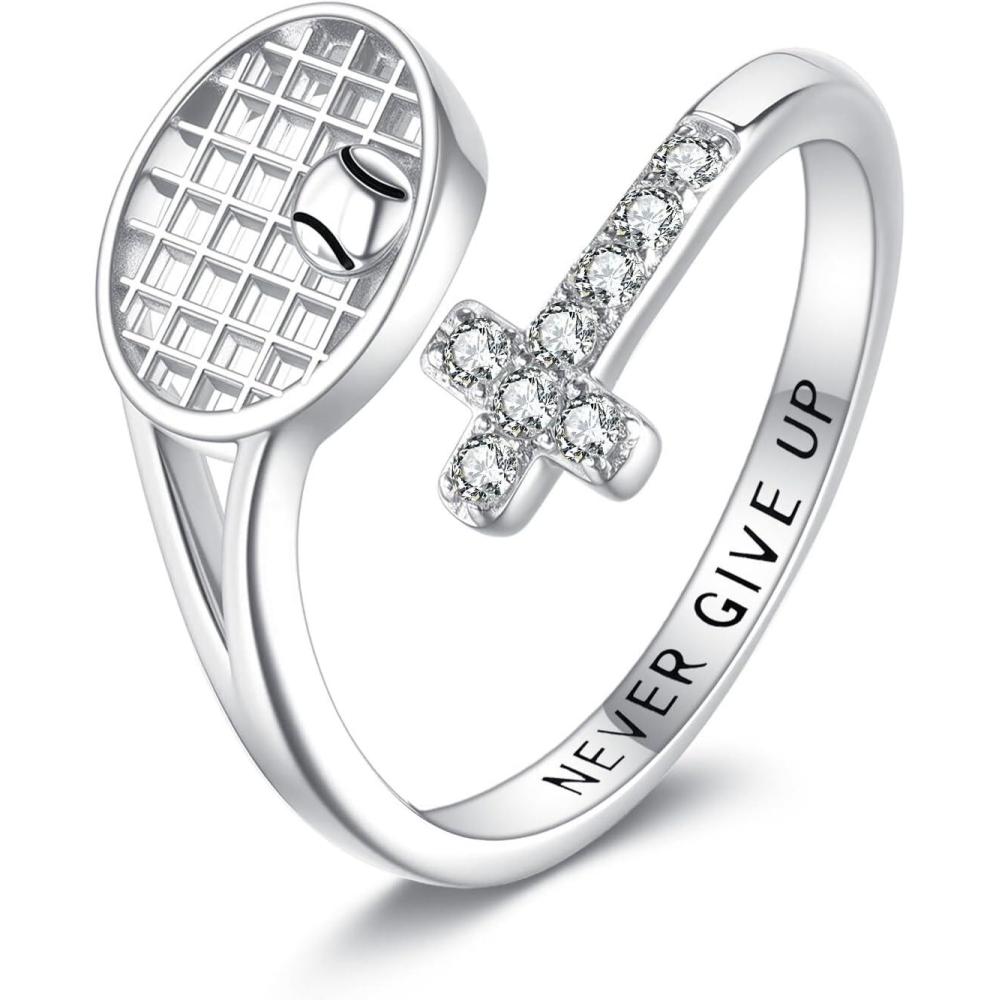 image:imageYFN Sport Ring Sterling Silver Cross Adustable Ring Never Give Up Jewelry Gifts for WomenTennis Racket