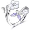 YFN Sterling Silver Butterfly Rings Cubic Zirconia Flower Adjuastable Band Jewelry for Women(Light Purple- Alexandrite)