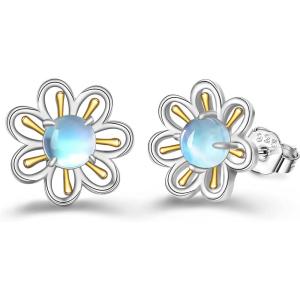 Flower Moonstone Earrings Sterling Silver Stud Earrings Moonstone Jewelry for Women Hypoallergenic Earrings for Sensitive Ears(Daisy)