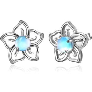 Flower Moonstone Earrings Sterling Silver Stud Earrings Moonstone Jewelry for Women Hypoallergenic Earrings for Sensitive Ears(Plumeria)