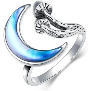 YFN 925 Sterling Silver Mountain/Mushroom/Mermaid Ring Adjustable Open Rings Jewelry for Women Girls(Mushroom Moon)