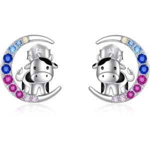 YFN Animal Moon Stud Earrings Sterling Silver Cute Animal Earrings for Women(Cow)