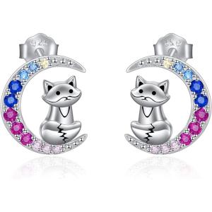 YFN Animal Moon Stud Earrings Sterling Silver Cute Animal Earrings for Women(Fox)