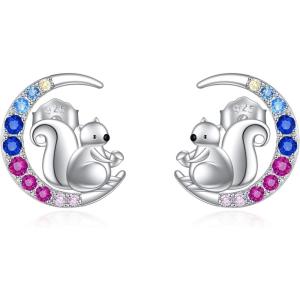YFN Animal Moon Stud Earrings Sterling Silver Cute Animal Earrings for Women(Squirrel)