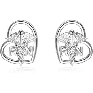 YFN Nursing Themed Stud Earrings Sterling Silver Jewelry Gift for Nurse(Caduceus RN)
