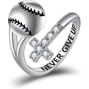 YFN Sport Ring Sterling Silver Cross Adustable Ring Never Give Up Jewelry Gifts for Women(Baseball)