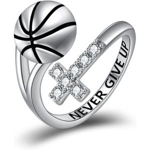 YFN Sport Ring Sterling Silver Cross Adustable Ring Never Give Up Jewelry Gifts for Women(Basketball)