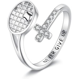 YFN Sport Ring Sterling Silver Cross Adustable Ring Never Give Up Jewelry Gifts for Women(Tennis Racket)