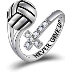 YFN Sport Ring Sterling Silver Cross Adustable Ring Never Give Up Jewelry Gifts for Women(Volleyball)